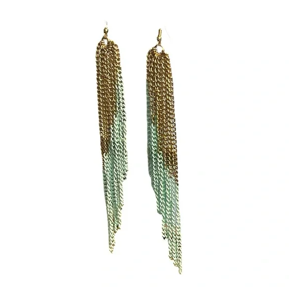 Gold and Mint Green Chain Tassel Fashion Earrings - Picture 3 of 5